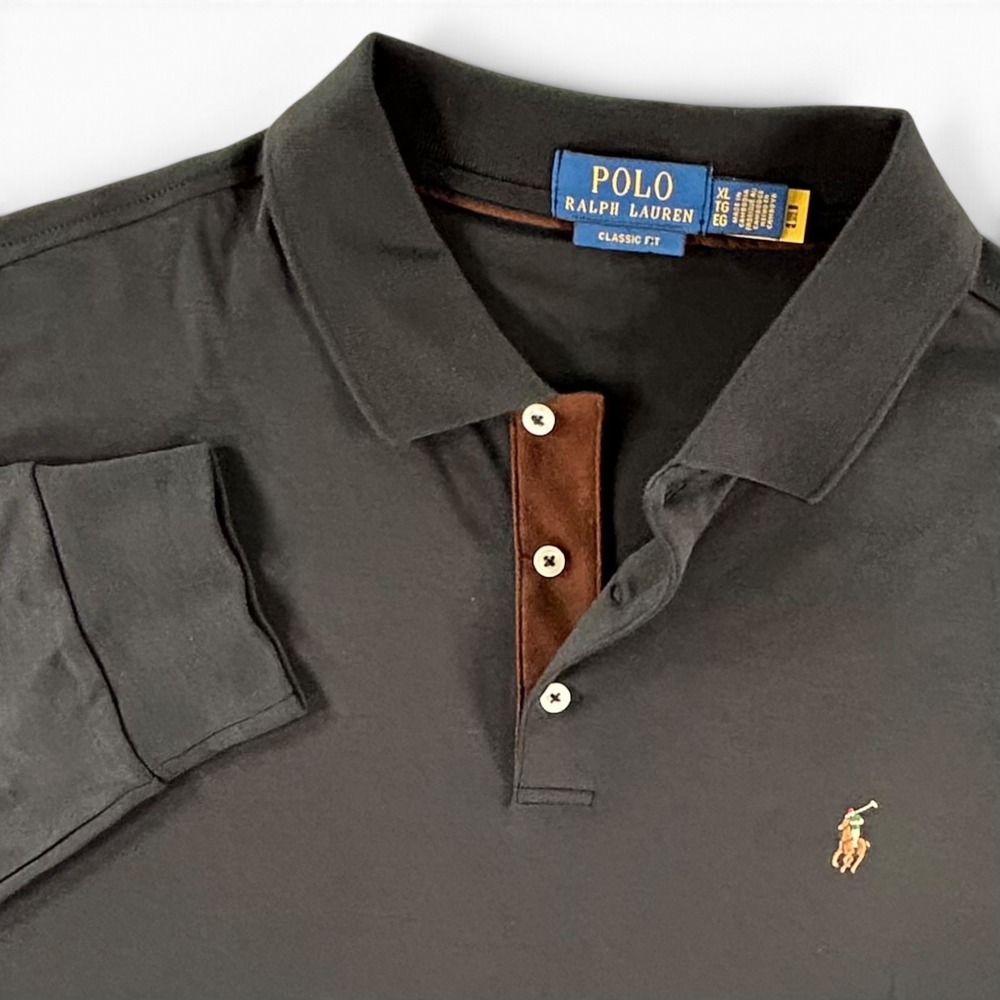 Polo Ralph Lauren Polo Shirt Men XL Black Classic Fit Long Sleeve Suede Placket